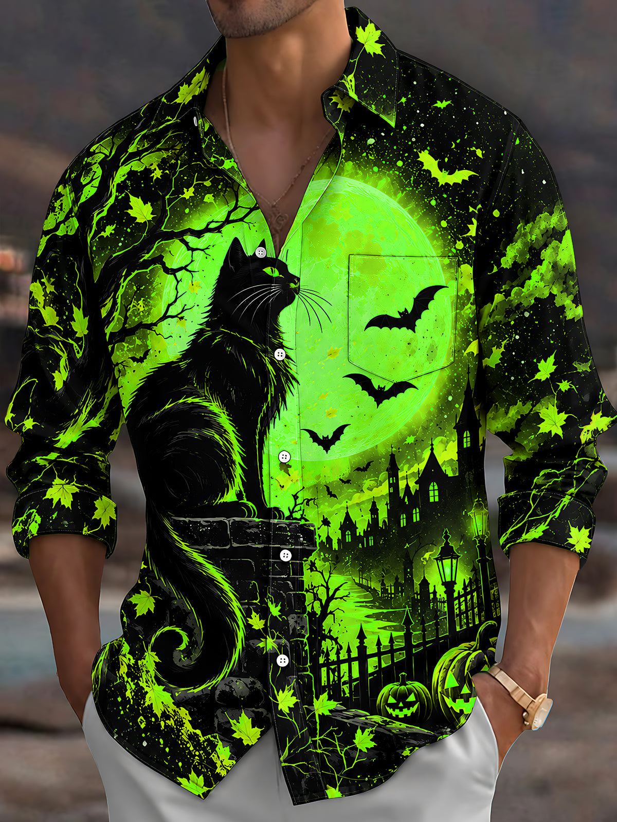 Adaychic Men's Graphic Halloween Black Cat And Pumpkins Print Long Sleeve Shirt with Chest Pocket