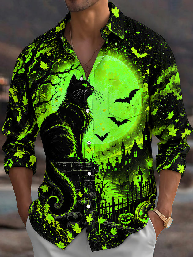 Adaychic Men's Graphic Halloween Black Cat And Pumpkins Print Long Sleeve Shirt with Chest Pocket