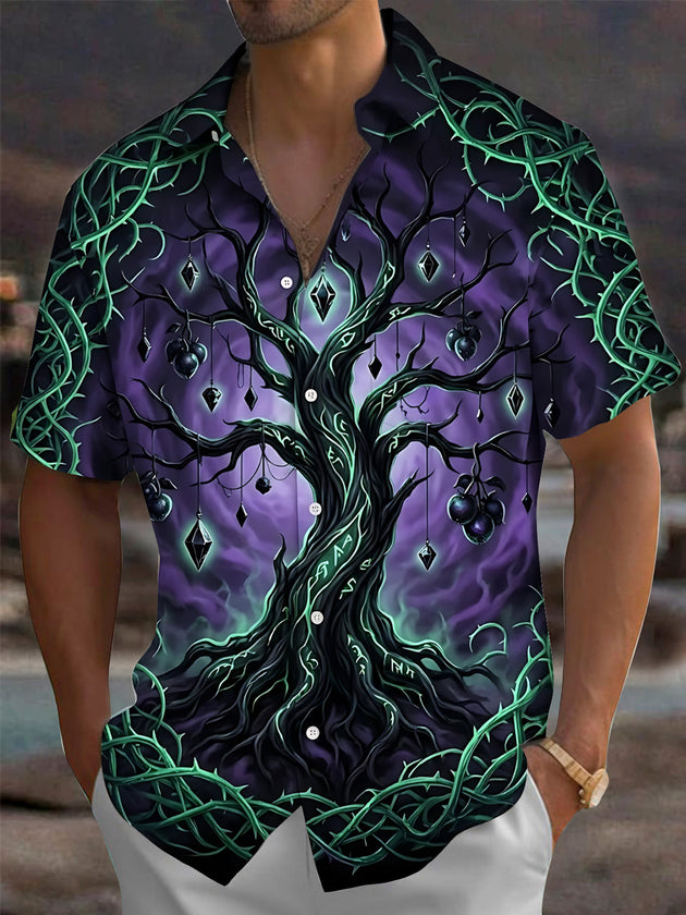 Adaychic Men's Short Sleeve Shirt - Dark Tree With Thorns And Hanging Crystals Print with Chest Pocket
