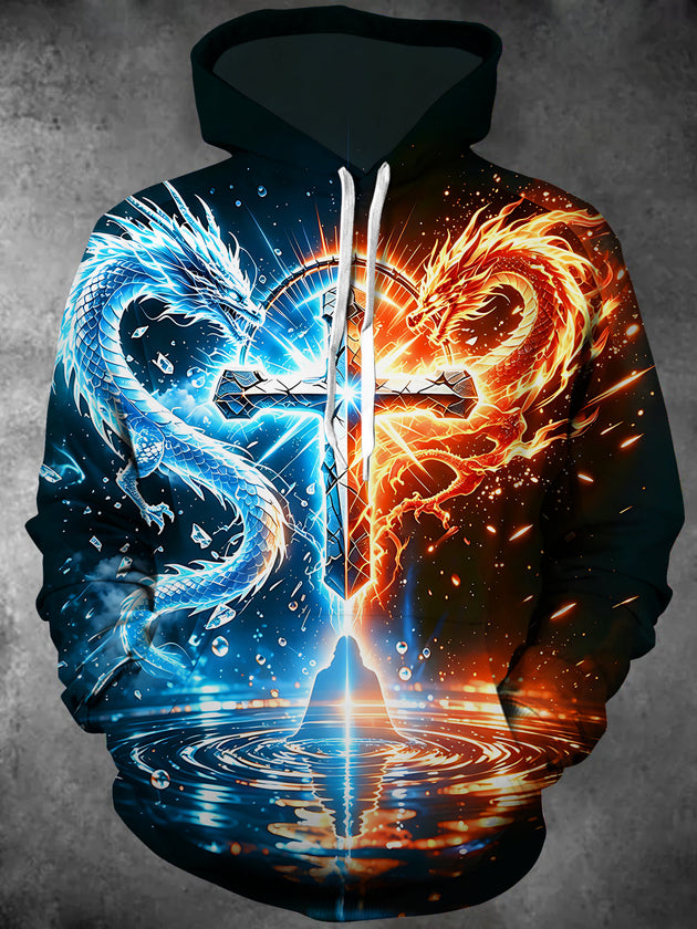 Adaychic Men's Ice And Fire Twin Dragons With Cross Print Long Sleeve Hoodie