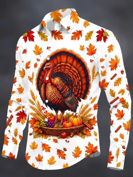 Adaychic Men's Long Sleeve Shirt - Thanksgiving Turkey And Harvest Cornucopia Print with Chest Pocket