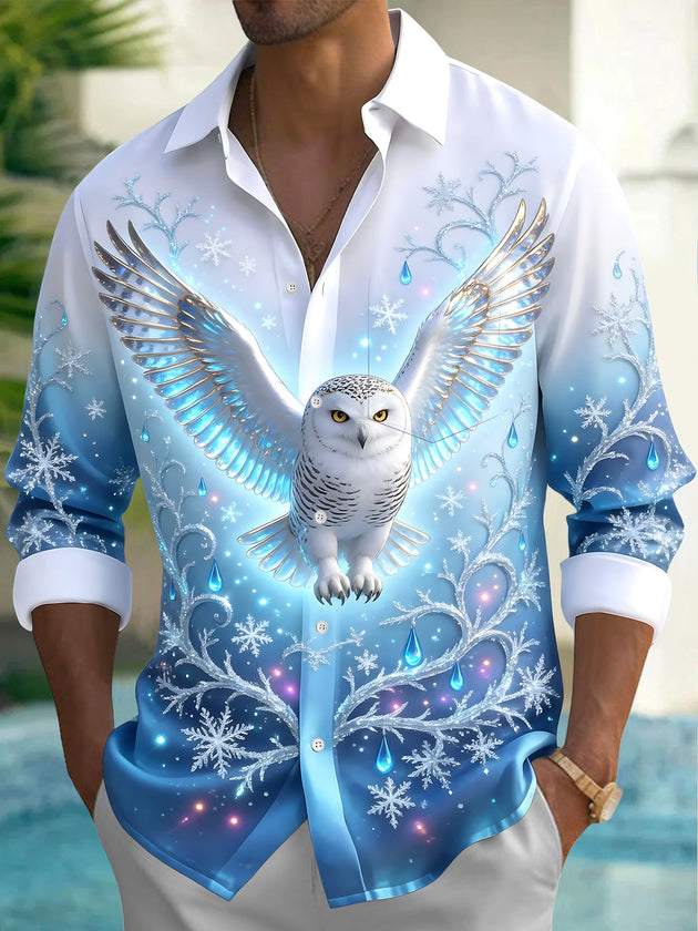 Adaychic Men's Printed Snowy Owl And Snowflakes Print Long Sleeve Shirt with Chest Pocket