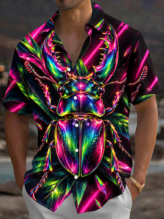Adaychic Men's Neon Stag Beetle And Tropical Leaves Print Short Sleeve Shirt with Chest Pocket