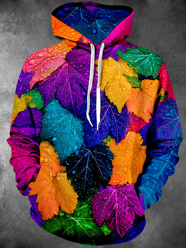 Adaychic Men's Long Sleeve Hoodie - Colorful Maple Leaves With Water Droplets Print