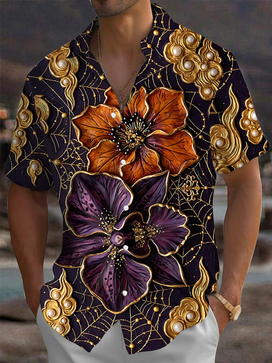 Adaychic Men's Short Sleeve Shirt - Large Orange And Purple Flowers With Gold Spider Web And Pearl Clouds Print with Chest Pocket