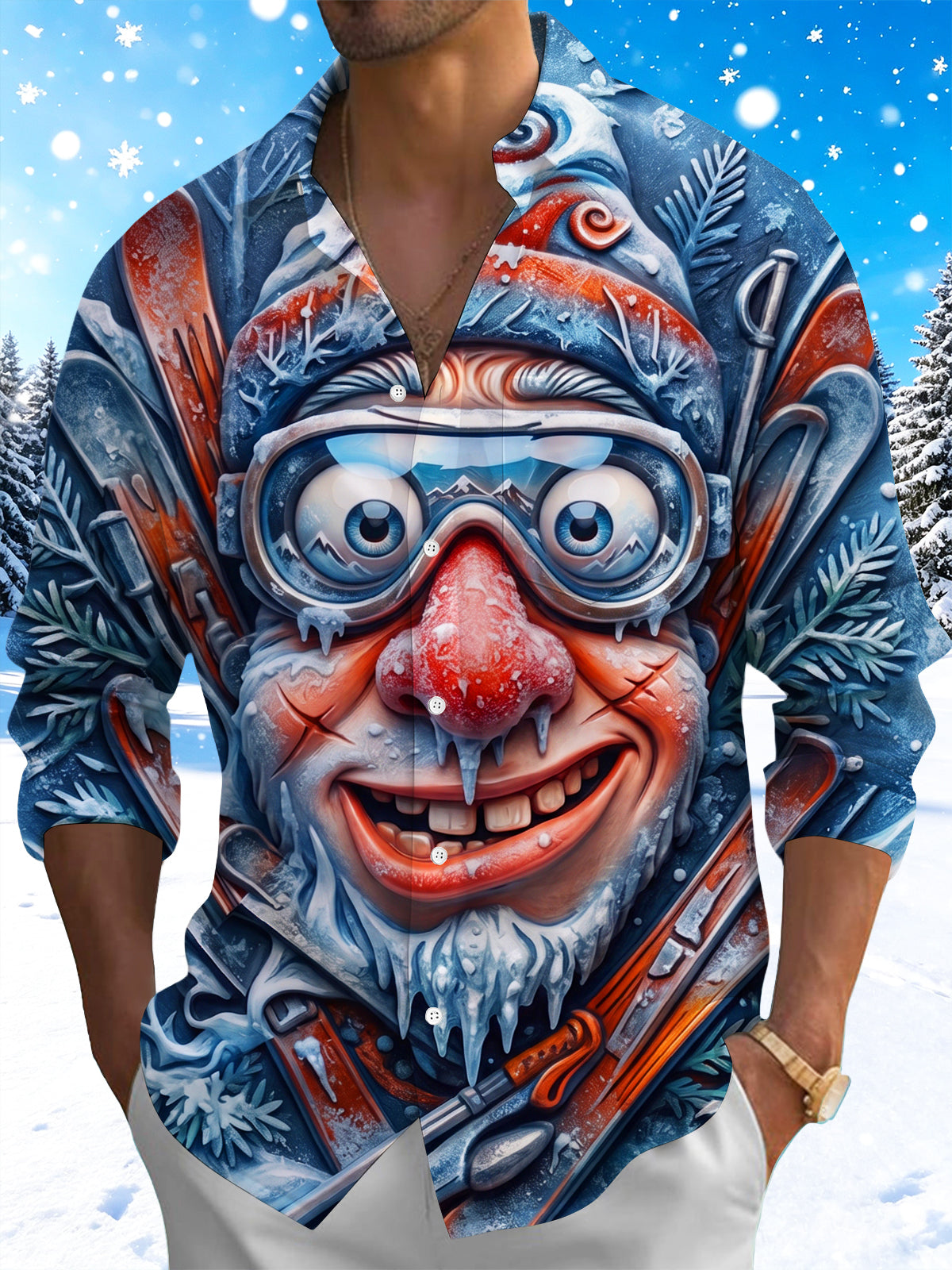 Adaychic Men's Long Sleeve Shirt - Funny Cartoon Santa Claus With Ski Goggles And Skis Print with Chest Pocket