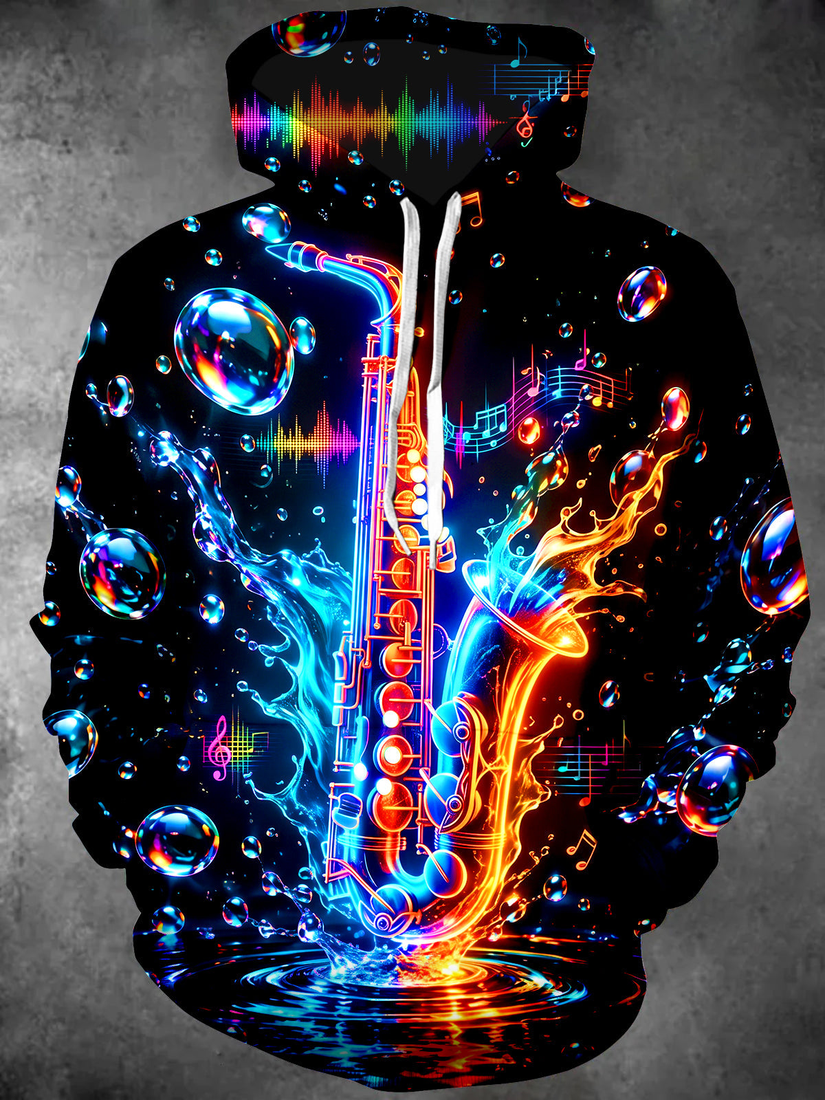 Adaychic Men's Long Sleeve Hoodie - Neon Saxophone With Fire And Water Splash Print