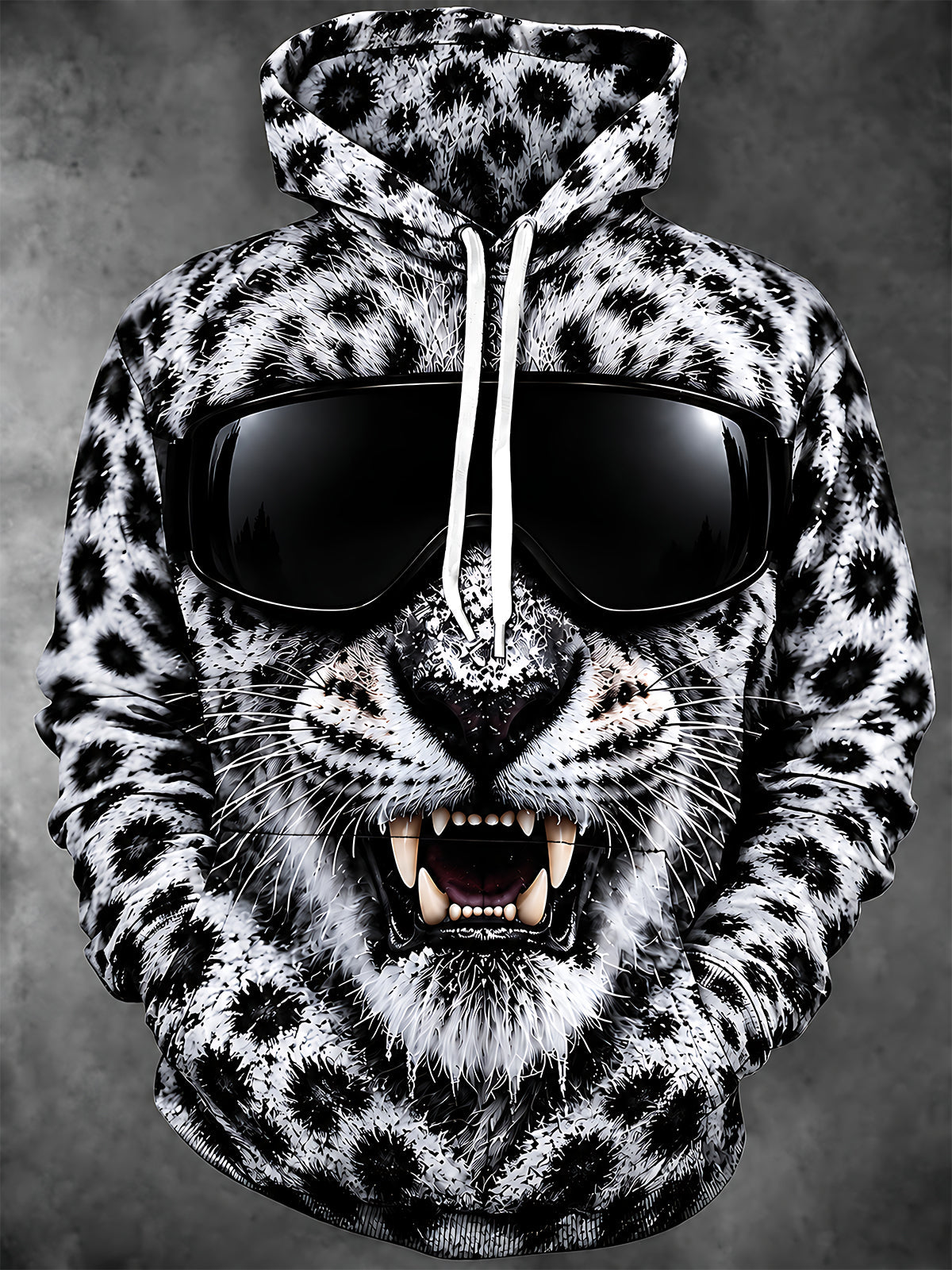 Adaychic Men's Snow Leopard Face With Sunglasses Print Long Sleeve Hoodie