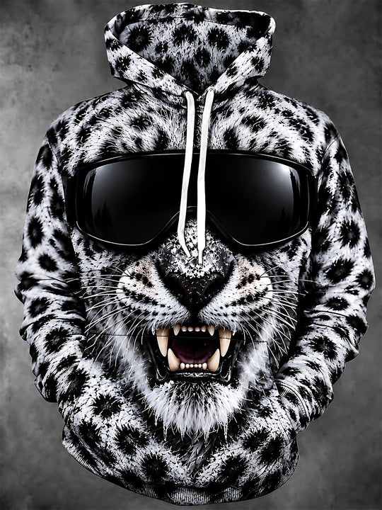 Adaychic Men's Snow Leopard Face With Sunglasses Print Long Sleeve Hoodie
