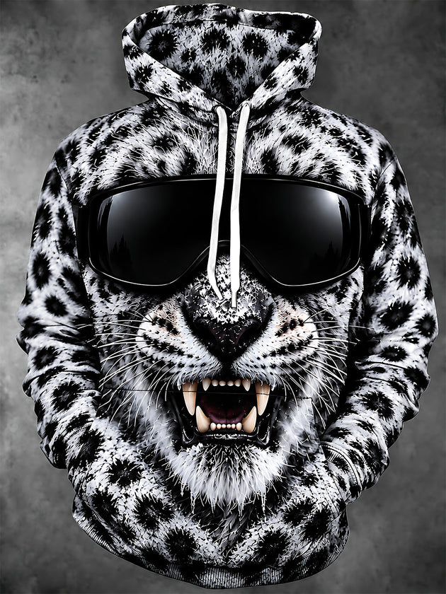 Adaychic Men's Snow Leopard Face With Sunglasses Print Long Sleeve Hoodie