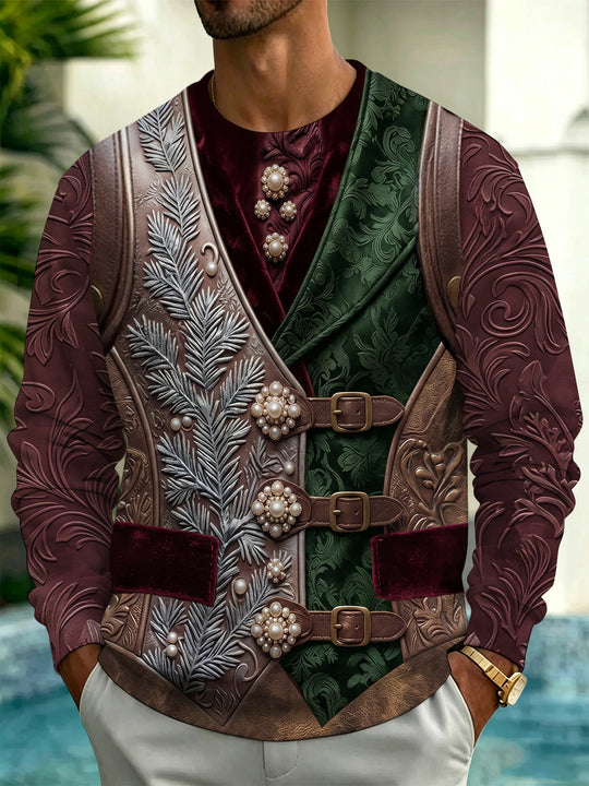 Adaychic Men's Long Sleeve Hoodie - Medieval Embossed Floral And Pearl Buckles Print