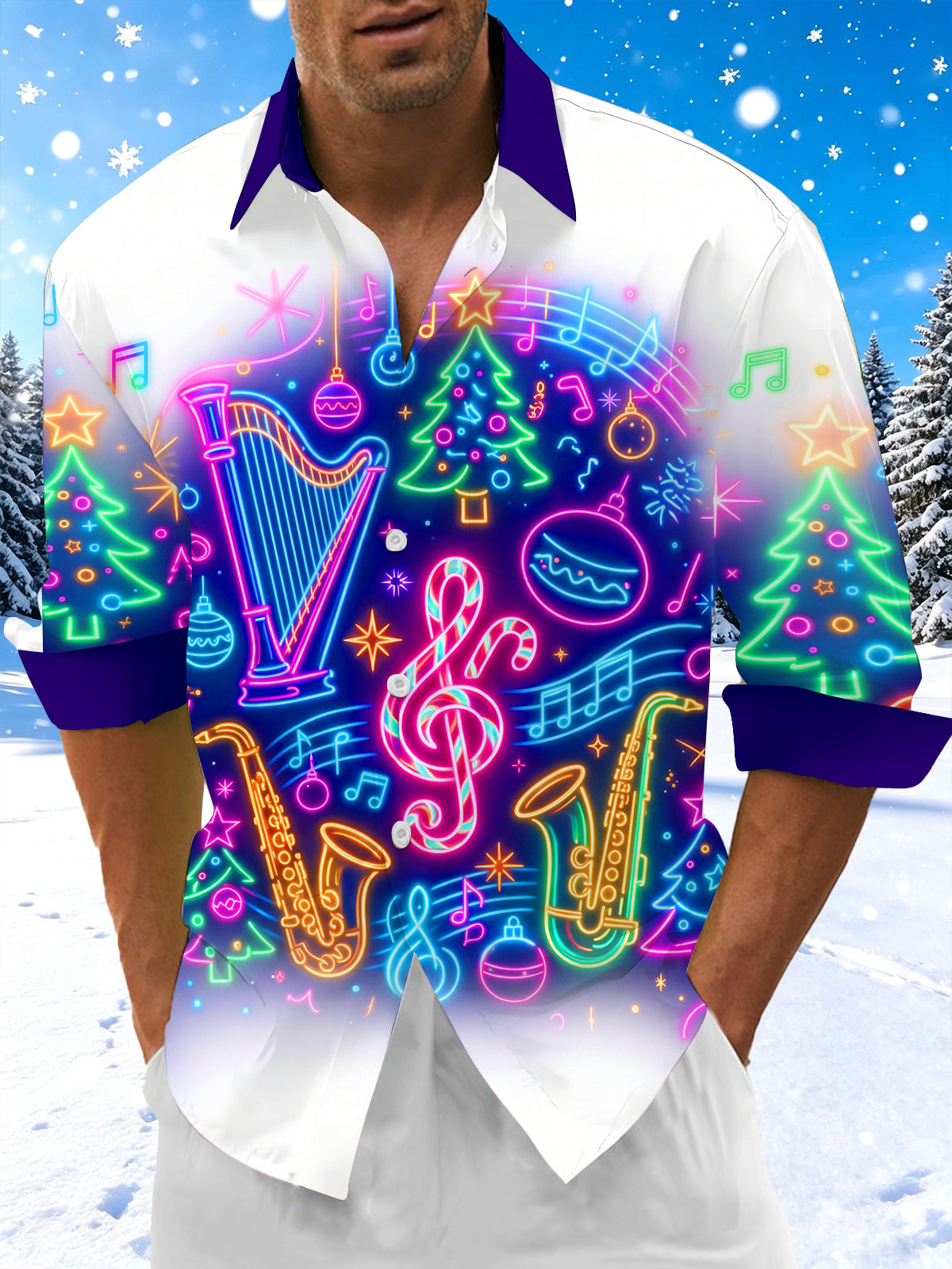 Adaychic Men's Long Sleeve Shirt - Neon Musical Instruments And Christmas Ornaments Print with Chest Pocket