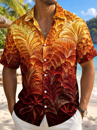 Adaychic Men's Hawaiian Autumn Leaf Pattern Short Sleeve Shirt with Chest Pocket