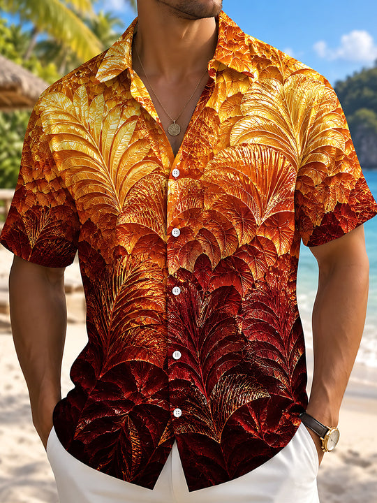 Adaychic Men's Hawaiian Autumn Leaf Pattern Short Sleeve Shirt with Chest Pocket