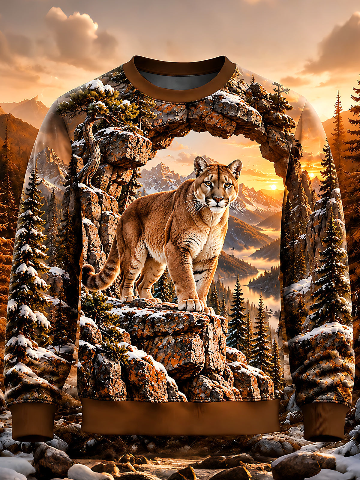 Adaychic Men's Mountain Lion In Winter Landscape Print Long Sleeve Sweatshirt