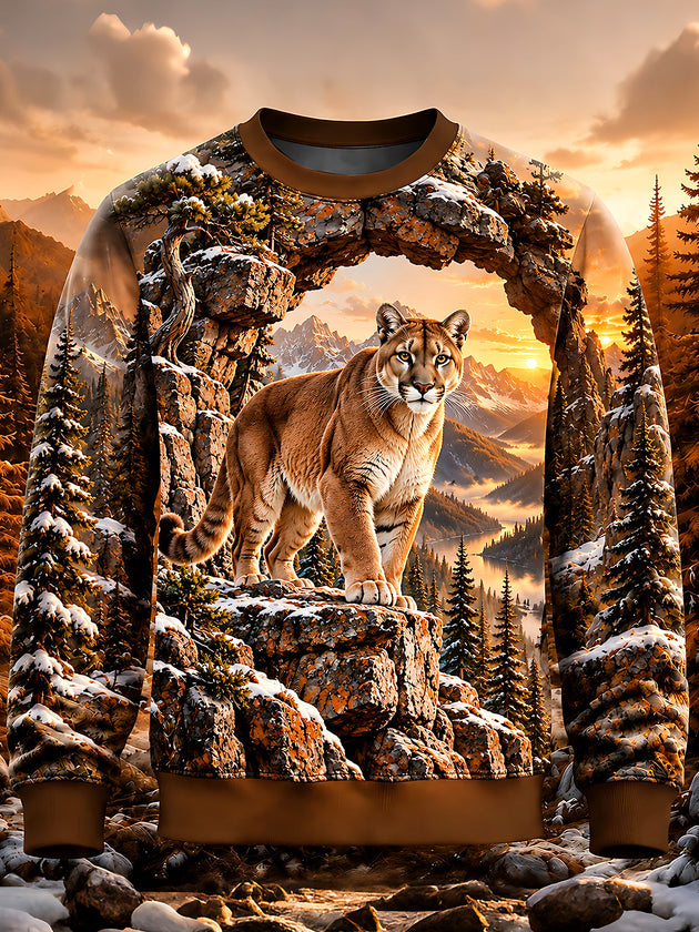 Adaychic Men's Mountain Lion In Winter Landscape Print Long Sleeve Sweatshirt
