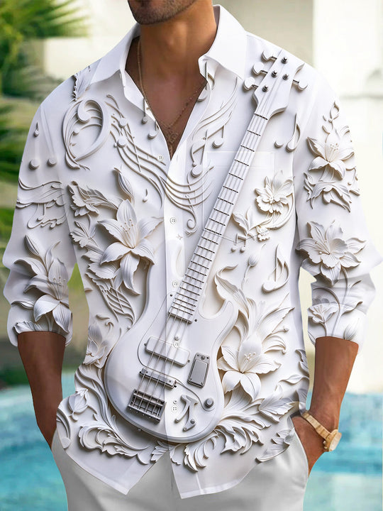 Adaychic Men's Long Sleeve Shirt - 3D Relief Bass Guitar And Floral Patterns Print with Chest Pocket
