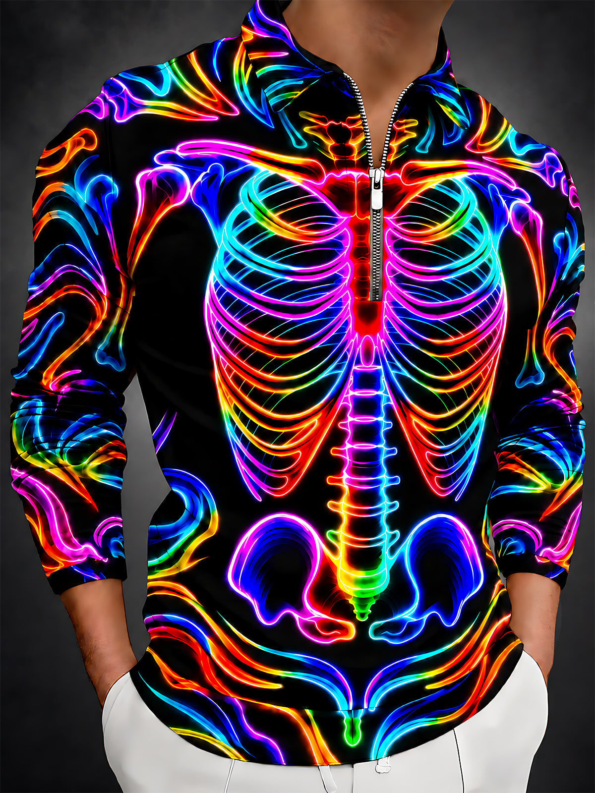 Adaychic Men's Graphic Neon Rainbow Skeleton Print Long Sleeve Shirt