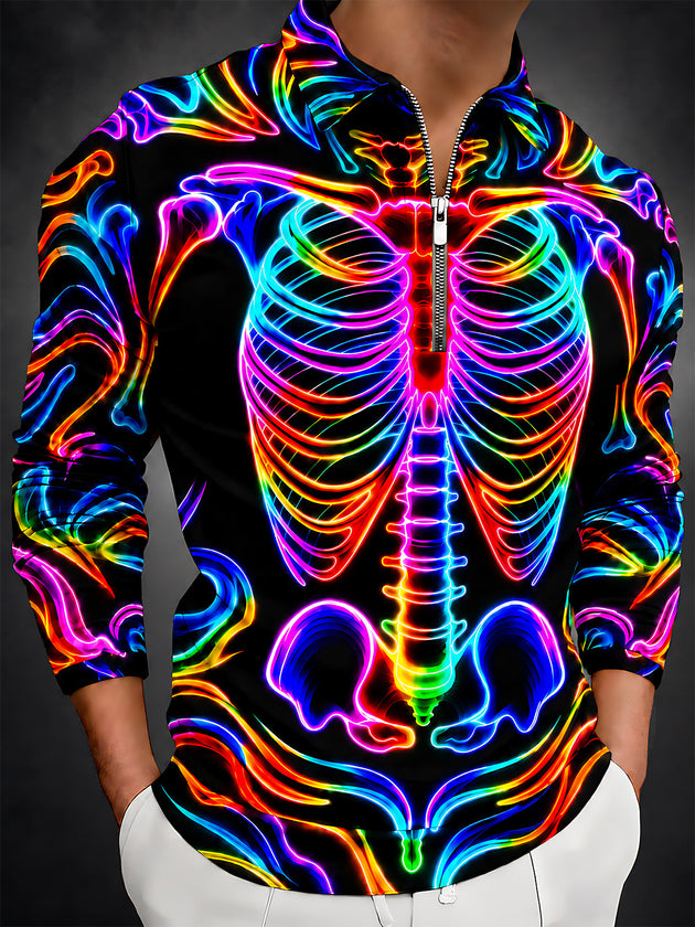 Adaychic Men's Graphic Neon Rainbow Skeleton Print Long Sleeve Shirt