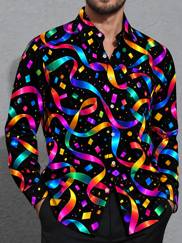 Adaychic Men's Patterned Colorful Ribbons And Confetti Print Long Sleeve Shirt with Chest Pocket
