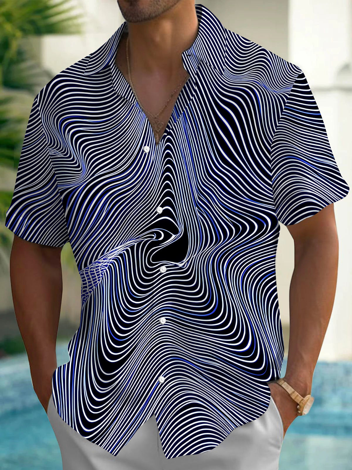 Adaychic Men's Abstract Abstract Wavy Geometric Lines Print Short Sleeve Shirt with Chest Pocket