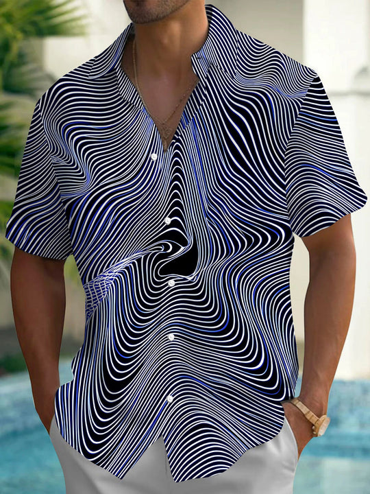 Adaychic Men's Abstract Abstract Wavy Geometric Lines Print Short Sleeve Shirt with Chest Pocket