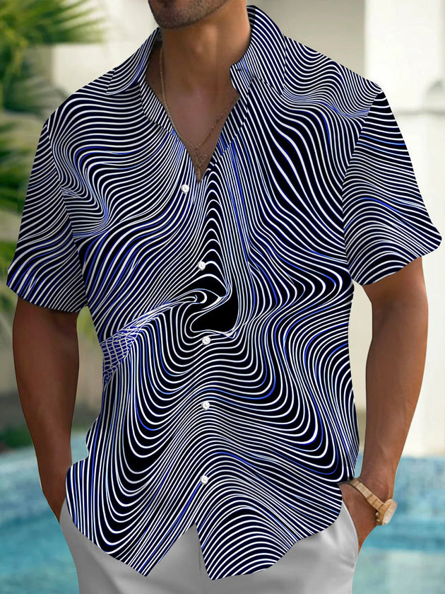 Adaychic Men's Abstract Abstract Wavy Geometric Lines Print Short Sleeve Shirt with Chest Pocket