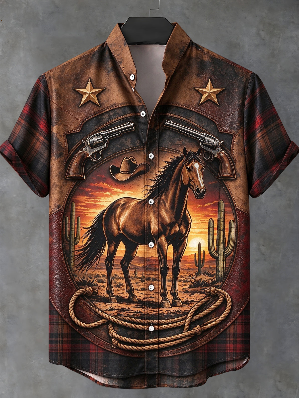 Adaychic Men's Short Sleeve Stand Collar Shirt - Western Horse And Desert Sunset Print with Chest Pocket