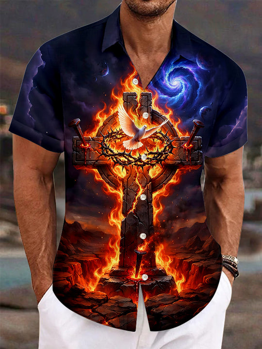 Adaychic Men's Short Sleeve Shirt - Flaming Cross With Dove And Crown Of Thorns Print with Chest Pocket