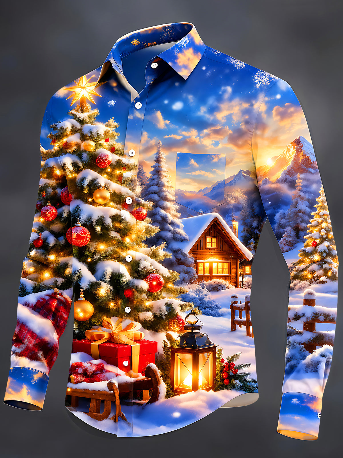 Adaychic Men's Printed Christmas Tree And Ornaments Print Long Sleeve Shirt with Chest Pocket