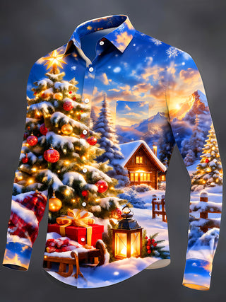 Adaychic Men's Printed Christmas Tree And Ornaments Print Long Sleeve Shirt with Chest Pocket