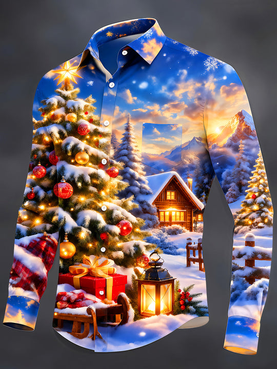 Adaychic Men's Printed Christmas Tree And Ornaments Print Long Sleeve Shirt with Chest Pocket