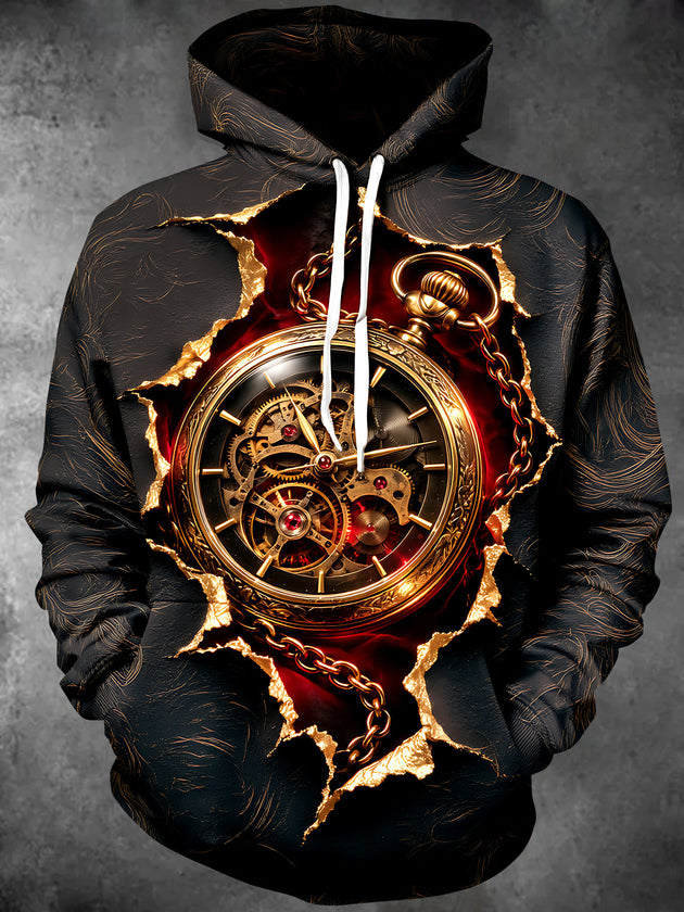 Adaychic Men's Long Sleeve Hoodie - Steampunk Pocket Watch With Gears And Chain Print
