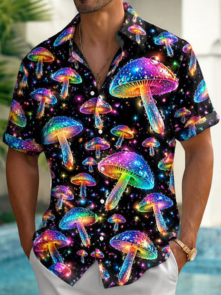 Adaychic Men's Printed Psychedelic Rainbow Mushrooms Print Short Sleeve Shirt with Chest Pocket