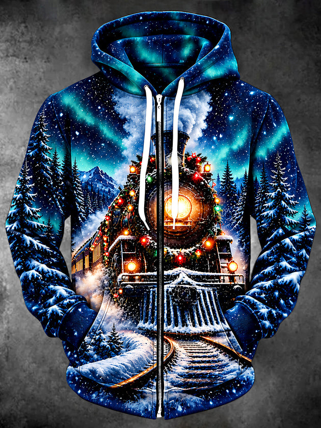 Adaychic Men's Long Sleeve Zip-Up Hoodie - Christmas Train With Lights And Snowy Forest Print