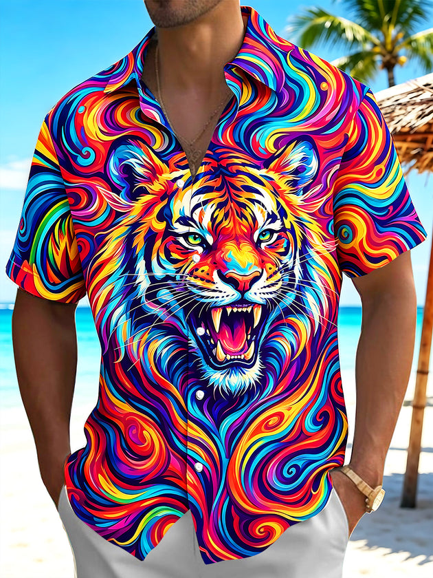 Adaychic Men's Colorful Psychedelic Tiger Face Print Short Sleeve Shirt with Chest Pocket