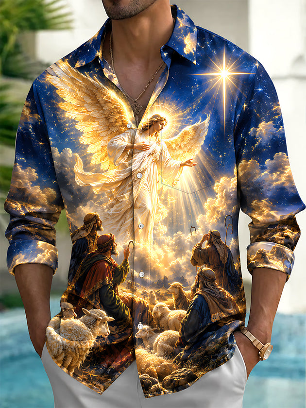 Adaychic Men's Christmas Angel And Shepherds With Sheep Print Long Sleeve Shirt with Chest Pocket