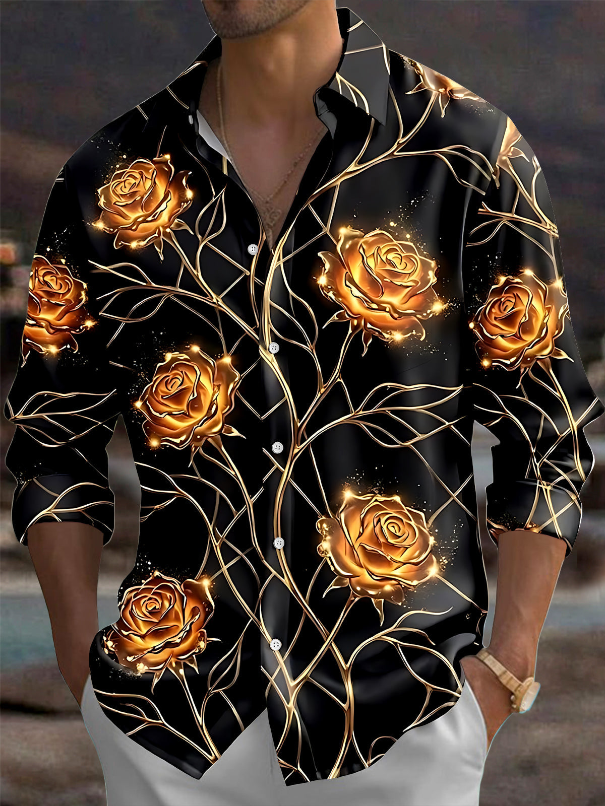 Adaychic Men's Floral Golden Roses And Branches Print Long Sleeve Shirt with Chest Pocket