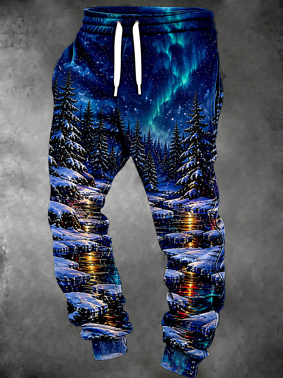 Adaychic Men's Aurora Borealis And Snowy Pine Forest Print Pants