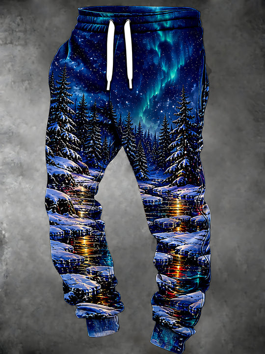 Adaychic Men's Aurora Borealis And Snowy Pine Forest Print Pants