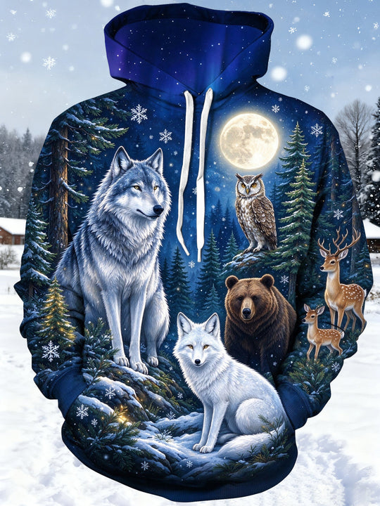 Adaychic Men's Graphic Winter Forest Animals Print Long Sleeve Hoodie