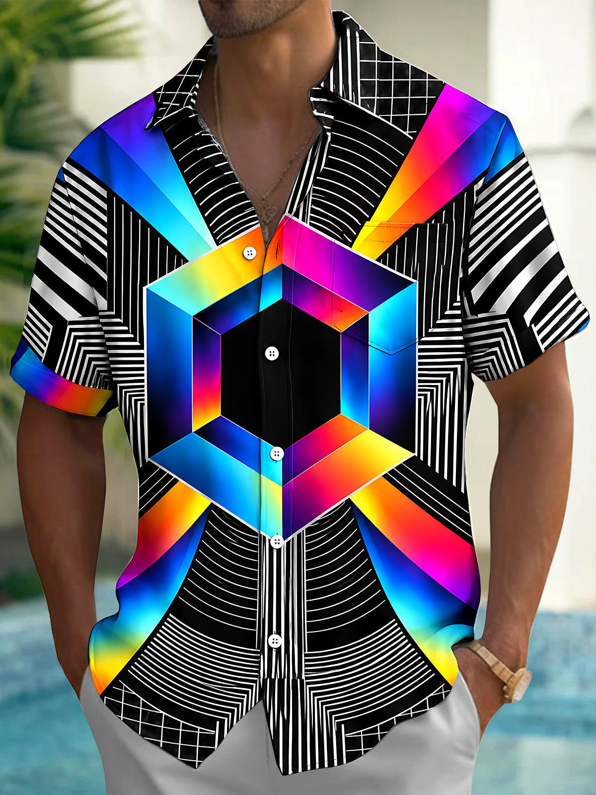 Adaychic Men's Geometric Rainbow Hexagon And Stripes Print Short Sleeve Shirt with Chest Pocket