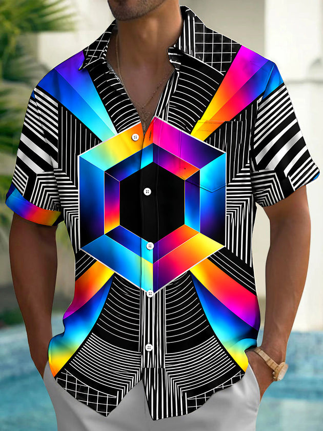 Adaychic Men's Geometric Rainbow Hexagon And Stripes Print Short Sleeve Shirt with Chest Pocket