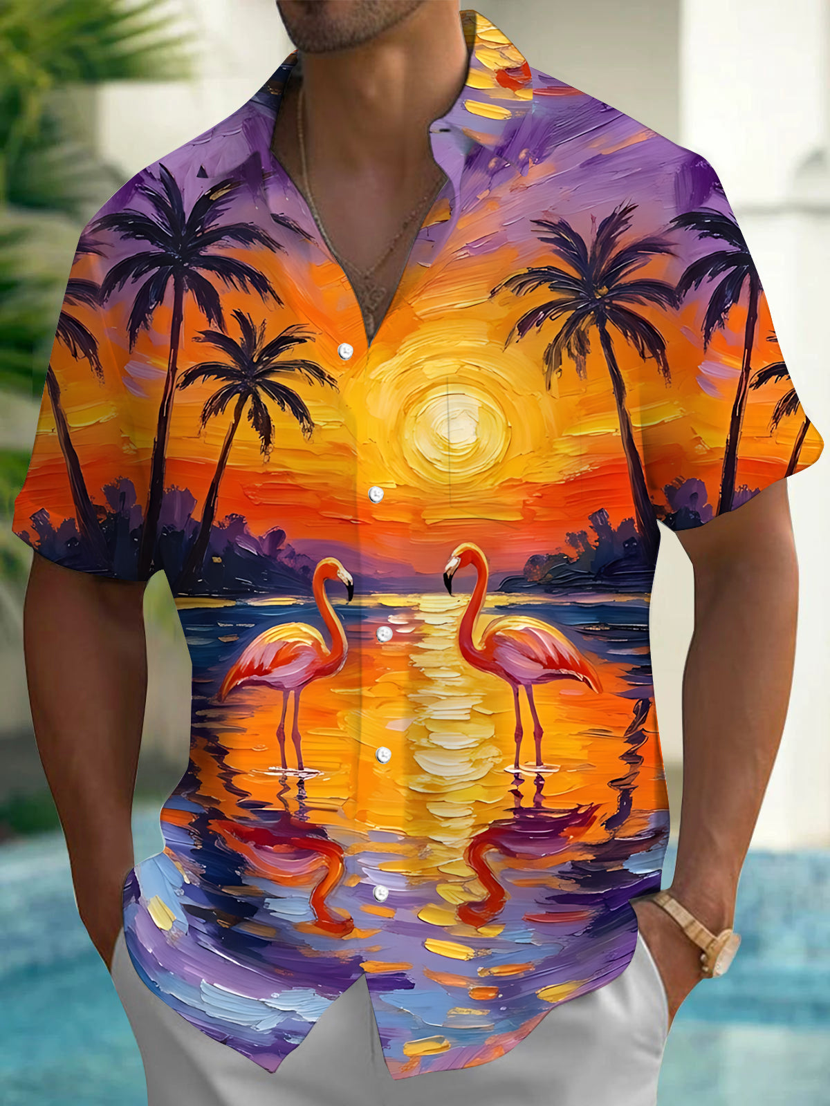 Adaychic Men's Sunset Flamingos And Palm Trees Print Short Sleeve Shirt with Chest Pocket