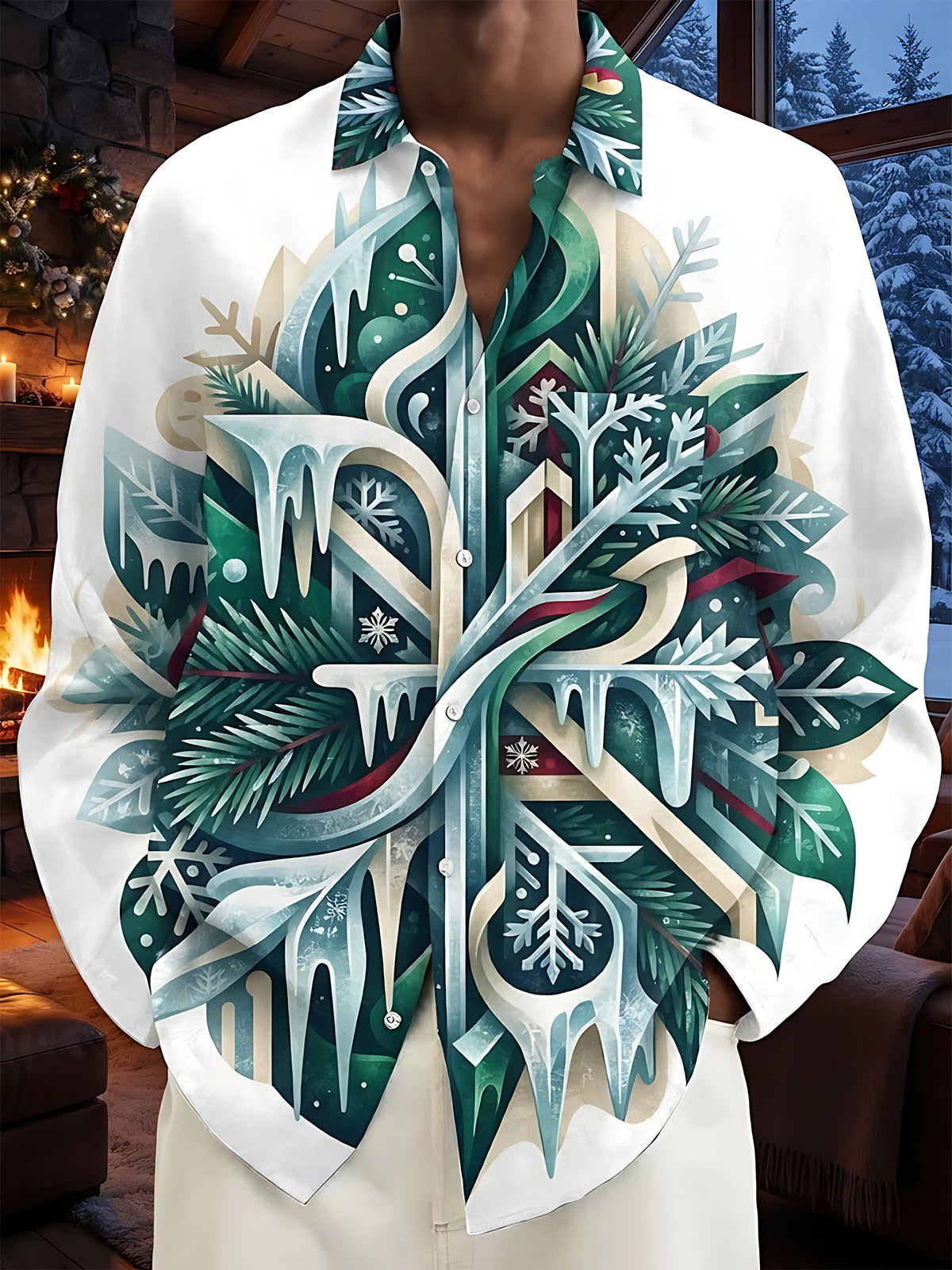 Adaychic Men's Printed Winter Icicle Pine And Snowflake Print Long Sleeve Shirt with Chest Pocket