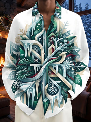 Adaychic Men's Printed Winter Icicle Pine And Snowflake Print Long Sleeve Shirt with Chest Pocket
