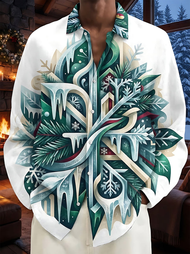 Adaychic Men's Printed Winter Icicle Pine And Snowflake Print Long Sleeve Shirt with Chest Pocket