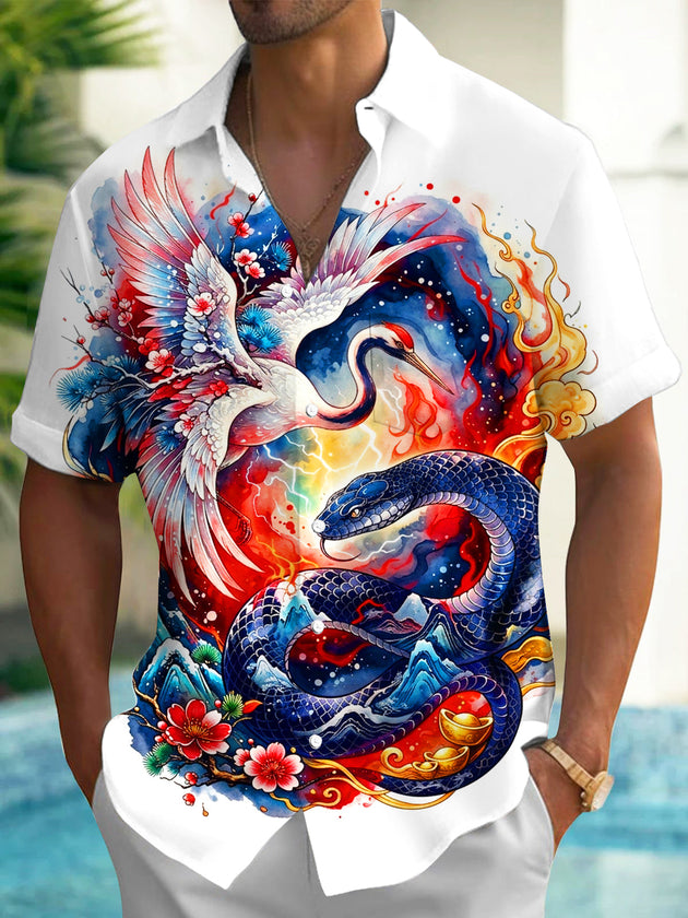 Adaychic Men's Short Sleeve Shirt - Crane And Snake With Mountains And Flowers Print with Chest Pocket