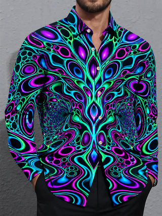 Adaychic Men's Psychedelic Abstract Fractal Patterns Print Long Sleeve Shirt with Chest Pocket
