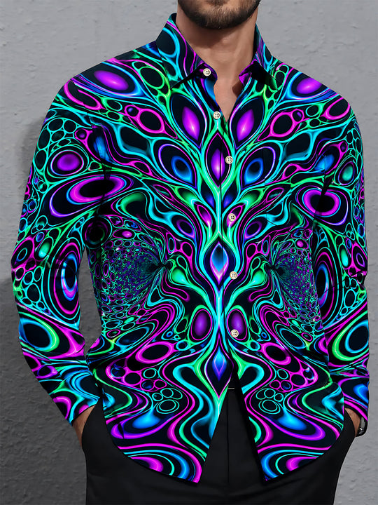 Adaychic Men's Psychedelic Abstract Fractal Patterns Print Long Sleeve Shirt with Chest Pocket